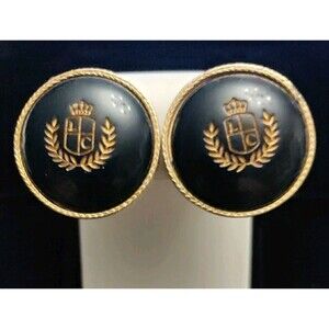 LIZ CLAIBORNE  VTG  Crest Earrings Clip On Gold Tone Button Black Classic TF708
